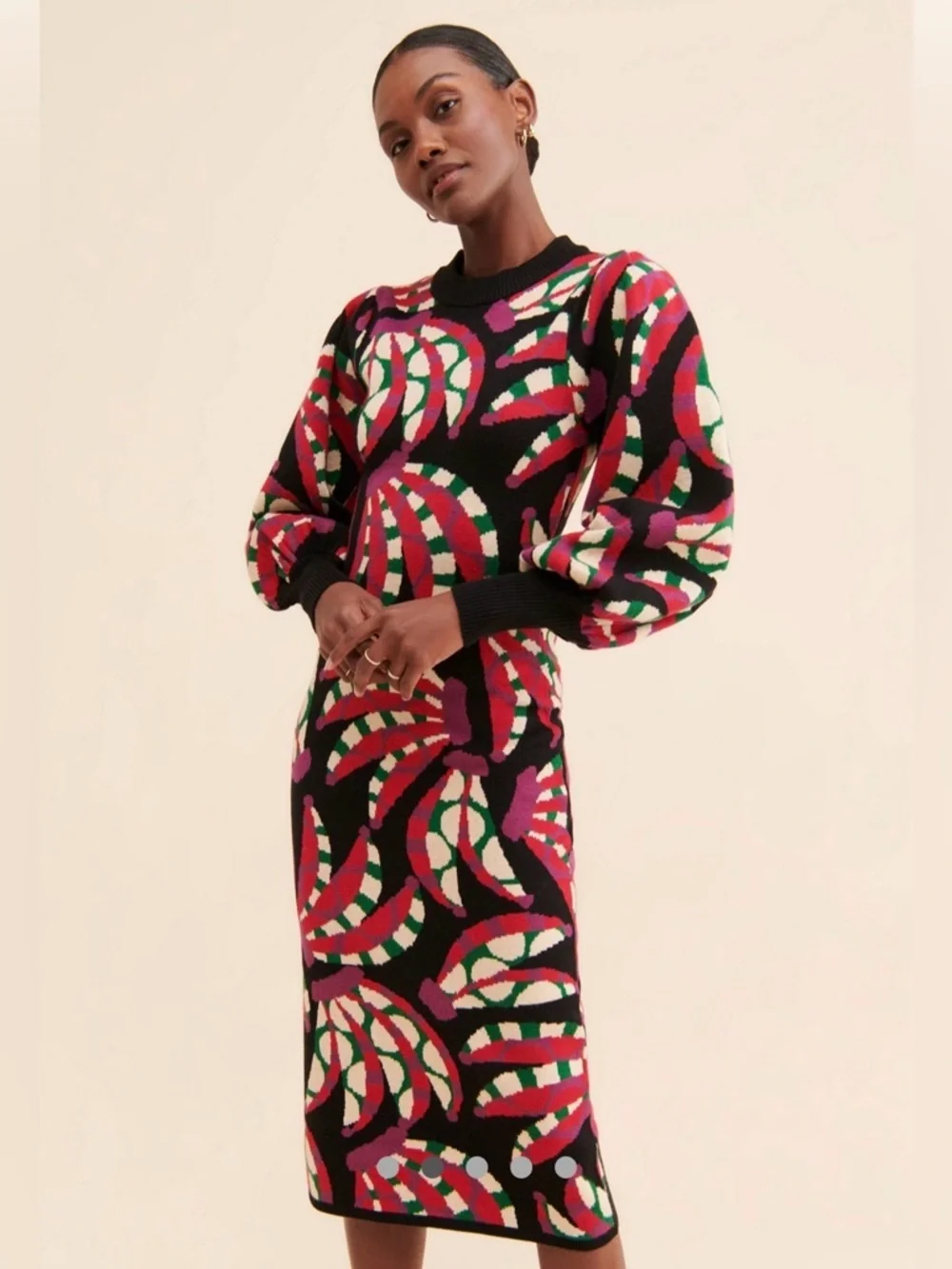 FARM Rio Black Knit Midi Sweater Dress with Pink, Green & Cream Swirls - Picture 2 of 9
